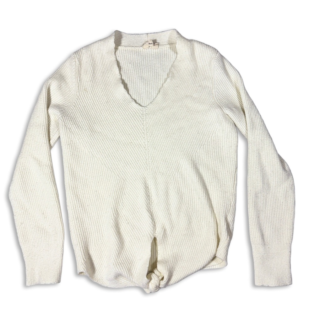 Moth Anthropologie Cream Knit Sweater Ribbed Tie Front V Neck Womens Size S